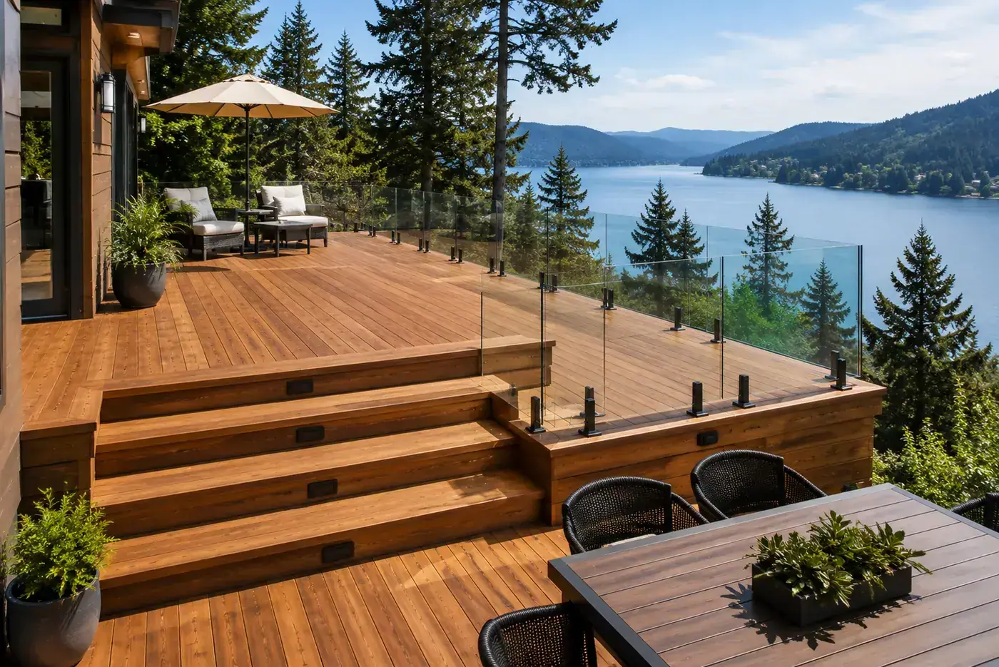 Cedar deck with glass panel railings overlooking the yard