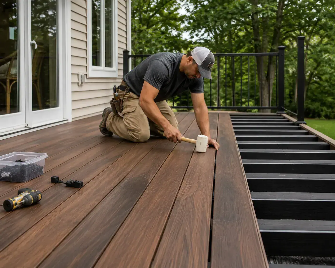 Low-maintenance composite deck boards on a backyard deck
