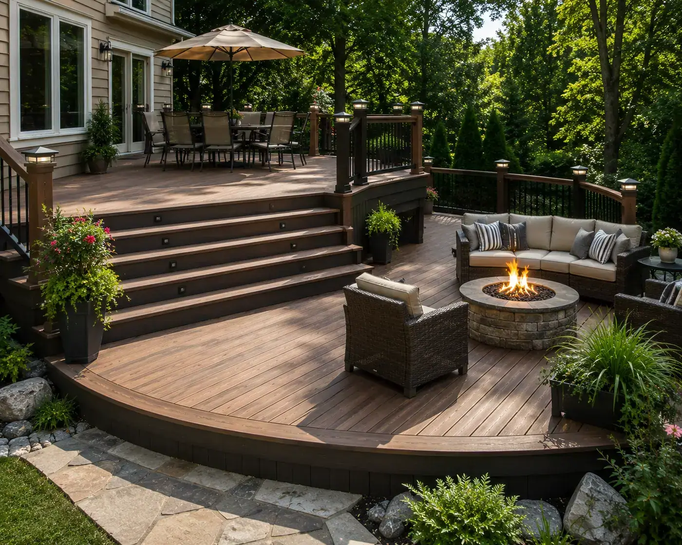 Multi-level deck with stairs connecting outdoor spaces