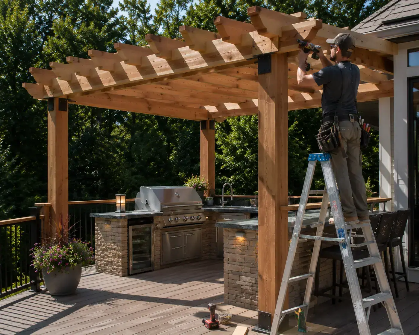 Deck with a wood pergola providing shade