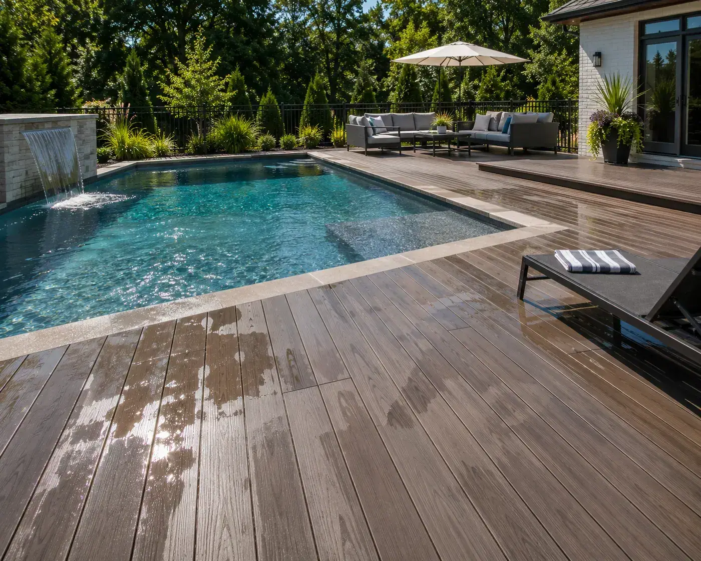 Deck built around a backyard pool area