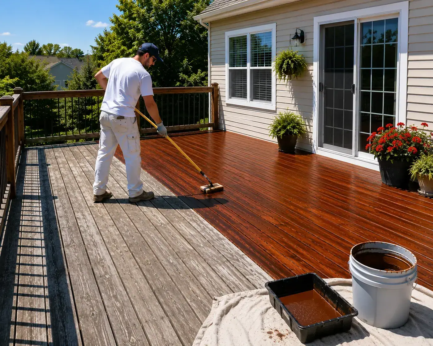 Wood deck boards protected with fresh stain