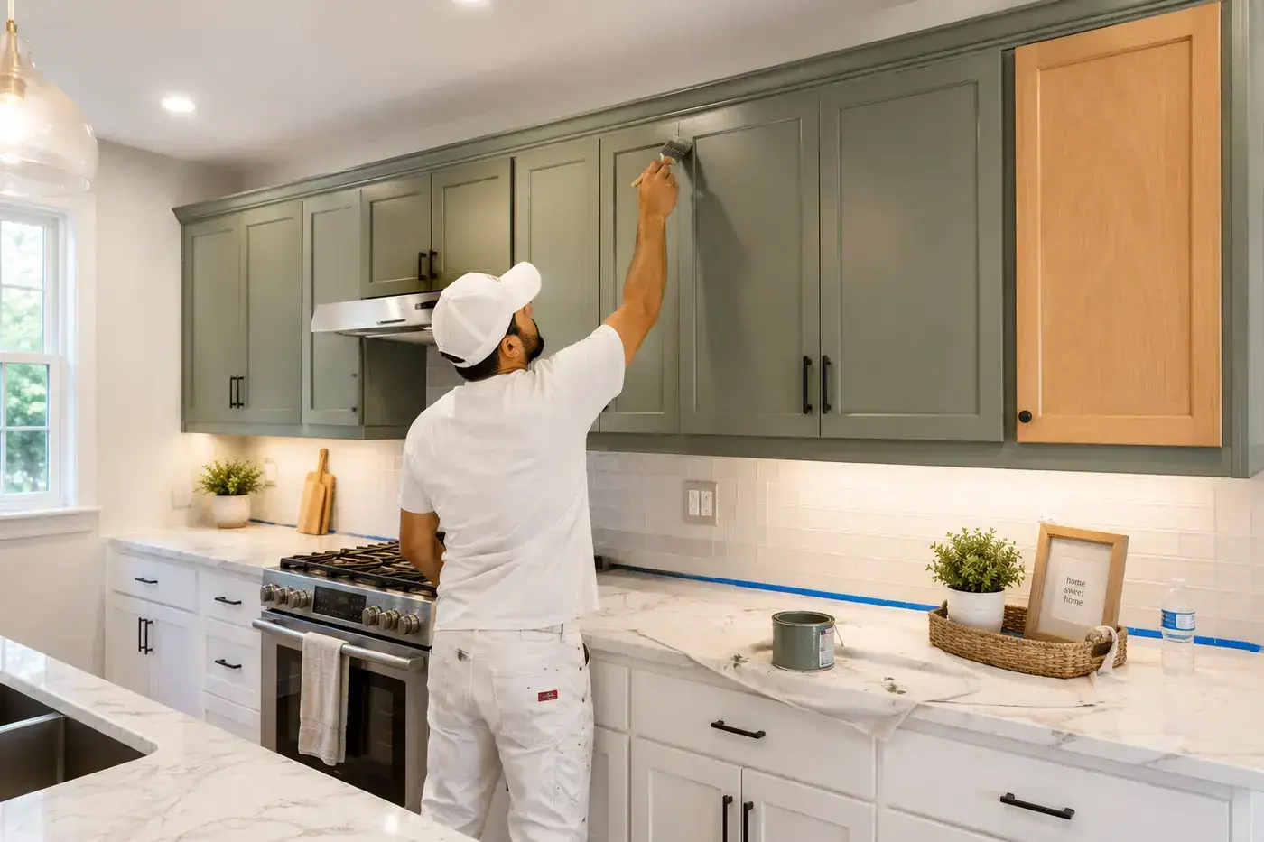 Kitchen cabinets refinished with a clean painted factory-style finish