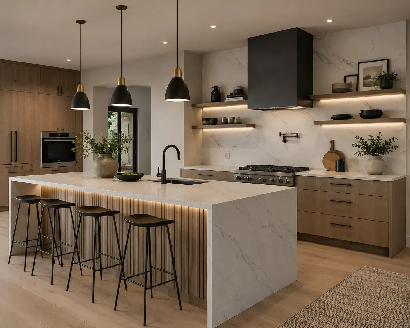 Remodeled kitchen with new cabinets and countertops