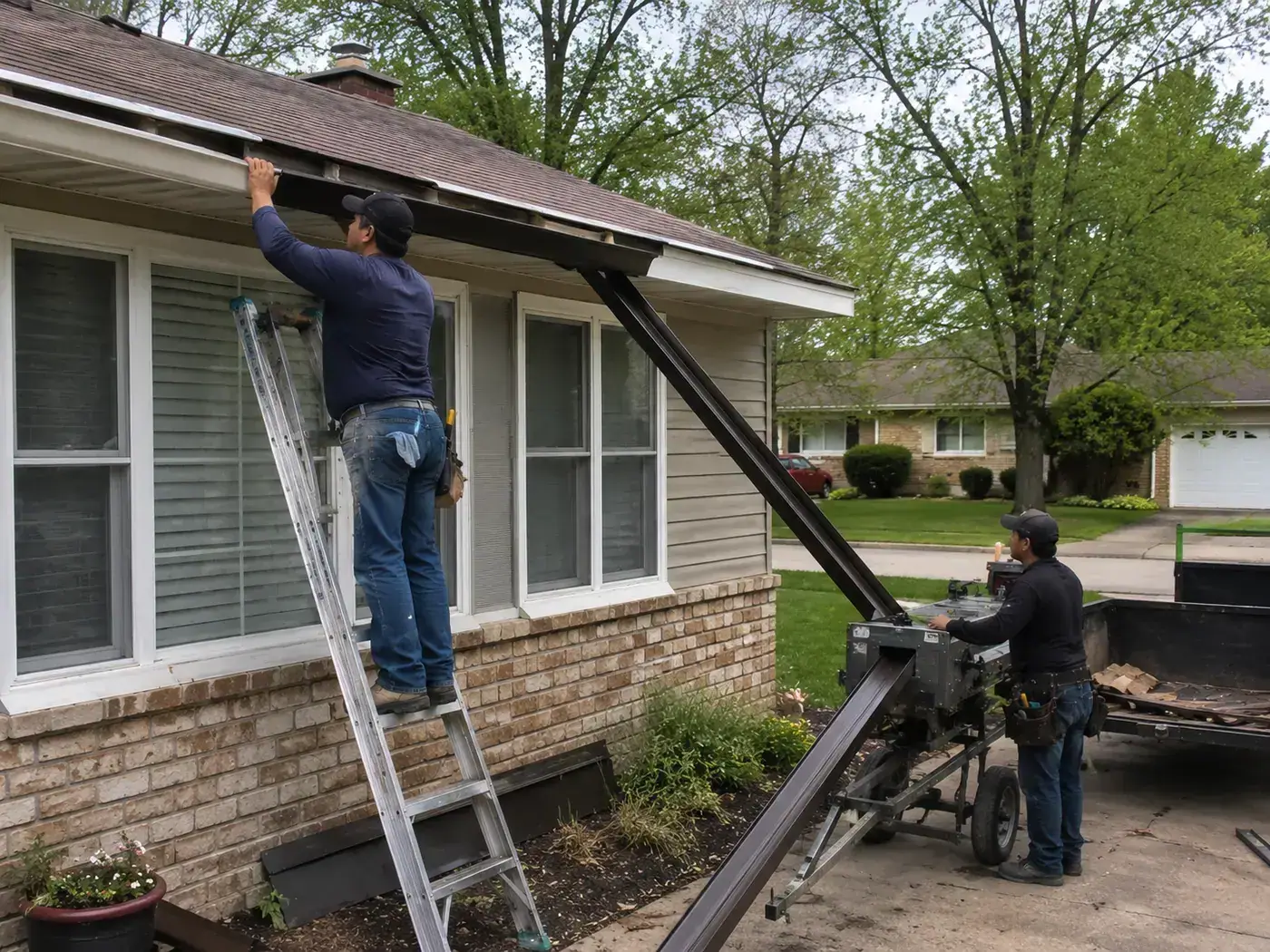 New gutters installed along a residential roofline