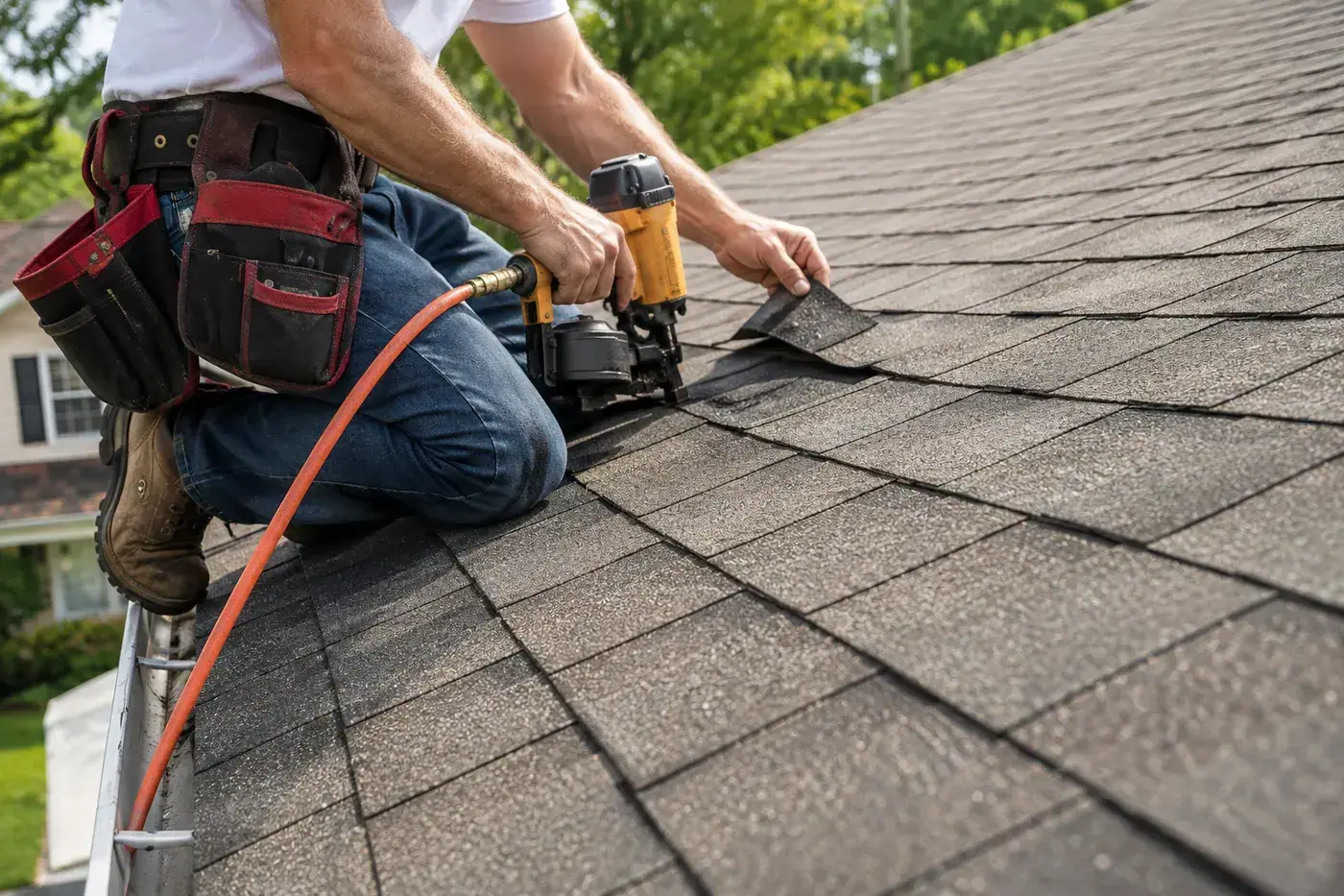 Roof repair work on an asphalt shingle residential roof