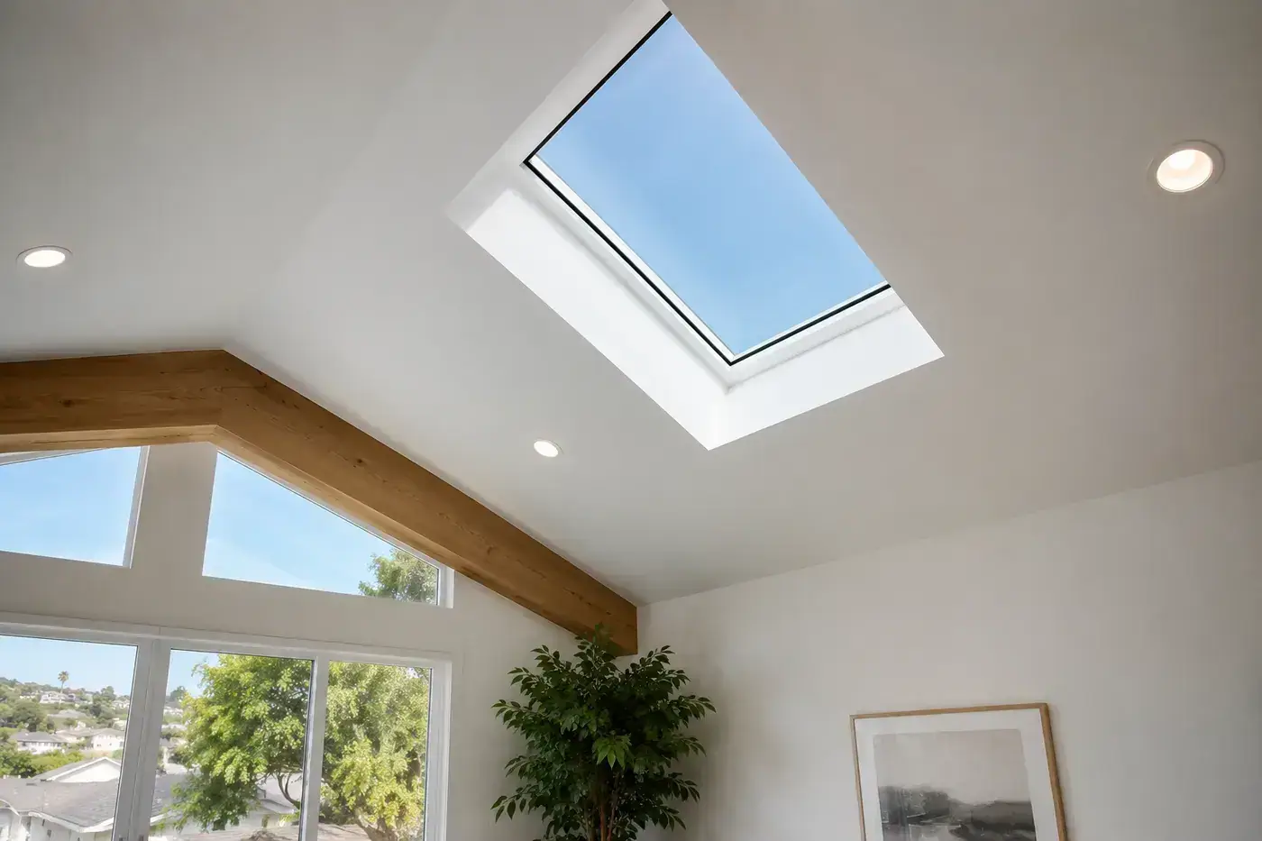 Skylight installed and flashed into a shingle roof