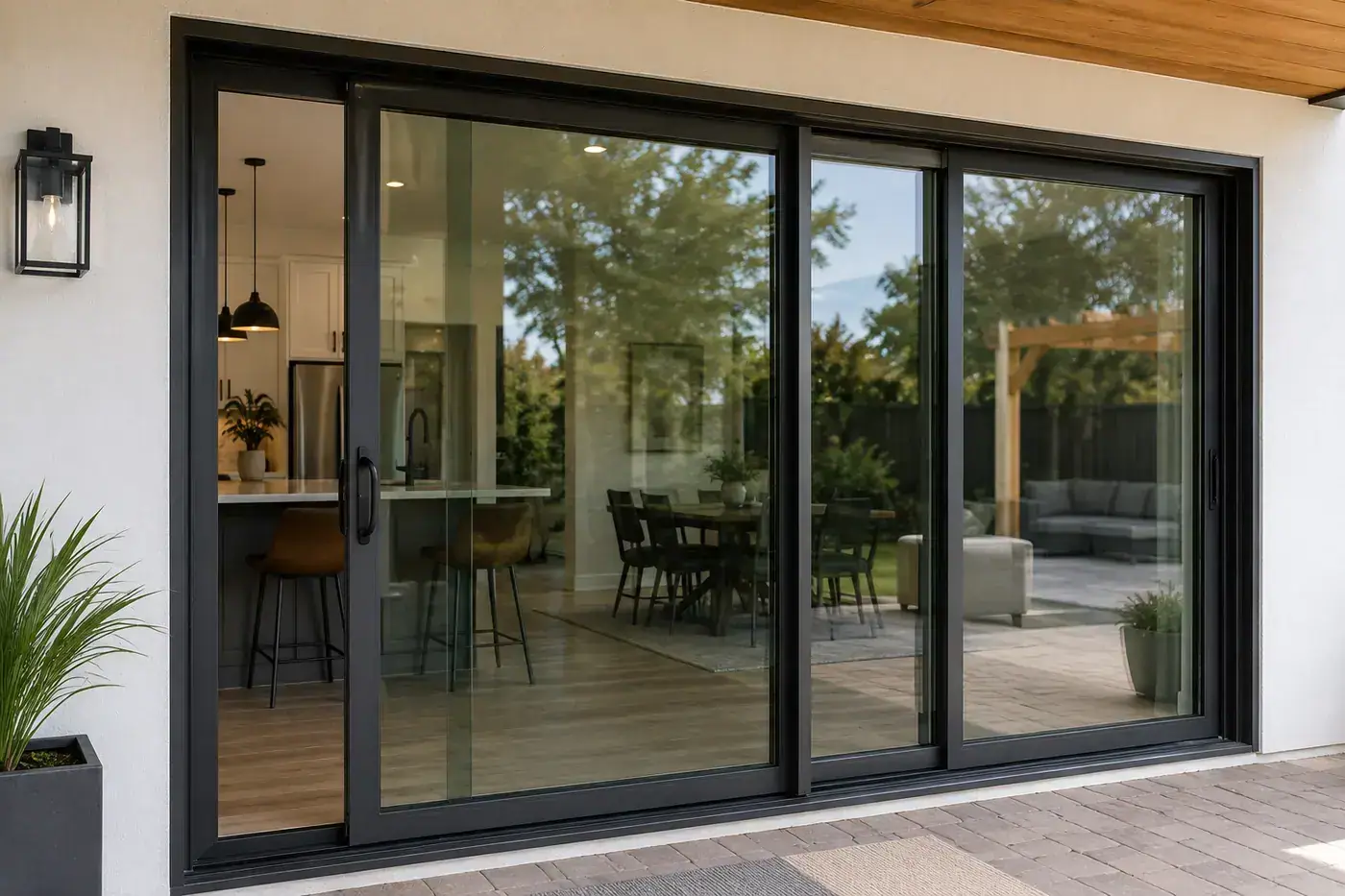 Sliding glass door opening onto an outdoor living area