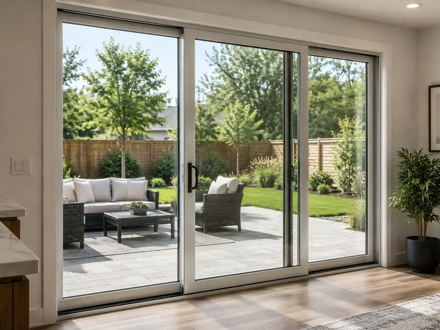 Modern sliding glass door with full-height glass panels